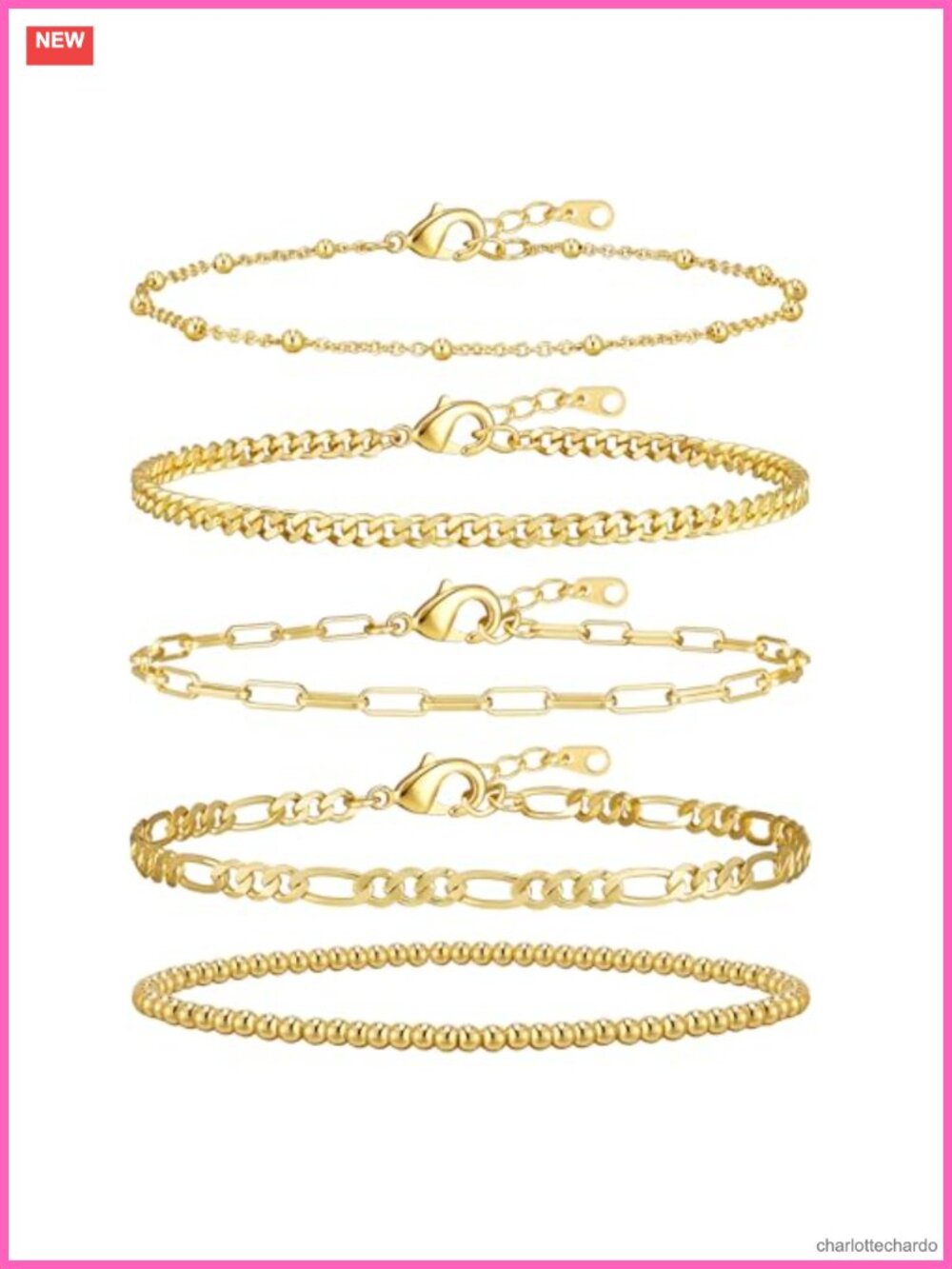 14K Gold Plated Stackable Bracelet Set Adjustable Chain Layered Waterproof
